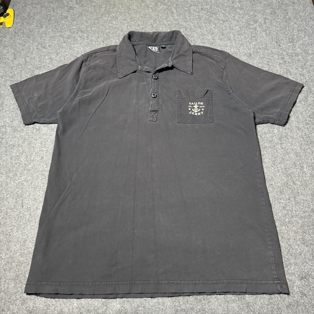 Sailor Jerry Mens Faded and Distressed Polo Shirt Black Size XL Retro Grunge